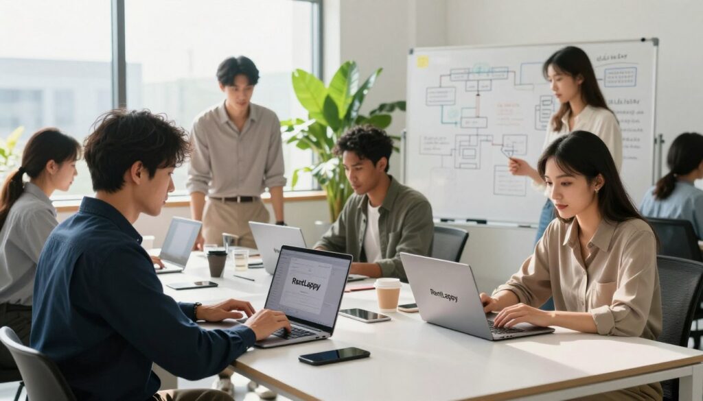 Startup team using premium laptop models for productivity